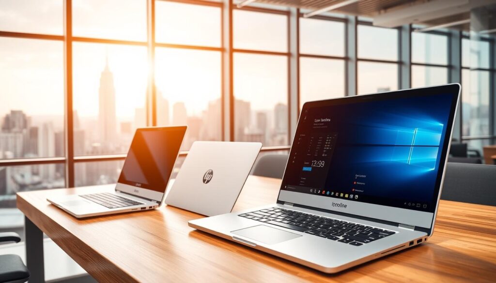 A modern, well-lit office interior with sleek, silver corporate laptops displayed on a wooden desk. The laptops are the "Icon Infoline" brand, showcasing their clean design and high-end features. In the background, a large window overlooks a bustling city skyline, bathing the scene in a warm, natural light. The overall atmosphere exudes a sense of professionalism, productivity, and the latest in corporate technology.