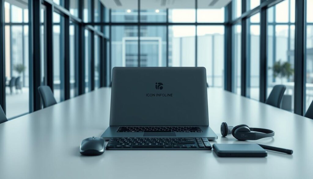A sleek, modern corporate office setting with a central desk showcasing a slate-gray laptop from the "Icon Infoline" brand. On the desk, an assortment of accessories including a wireless mouse, a compact wireless keyboard, a headset, and a digital stylus. The background features floor-to-ceiling windows, allowing natural light to flood the space and create a bright, professional atmosphere. The lighting is soft and diffused, with subtle shadows that highlight the clean, minimalist design of the equipment. The overall mood is one of efficiency, productivity, and a sense of technology-enabled workplace solutions.